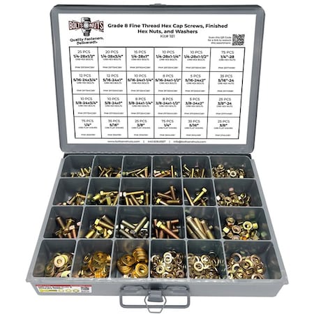 Boltsandnuts.Com Inch Grade 8 Fine Hex Cap Screws, Hex Nuts, Flat & Lock Washers - 574 PCS Assortment Kit #181